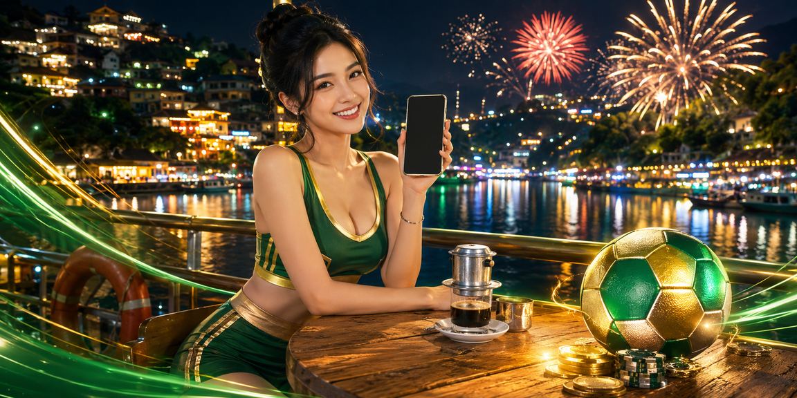 Người dùng tại Sapa mở ứng dụng casino mobile trong quán cà phê với cảnh núi rừng xanh mát phía sau